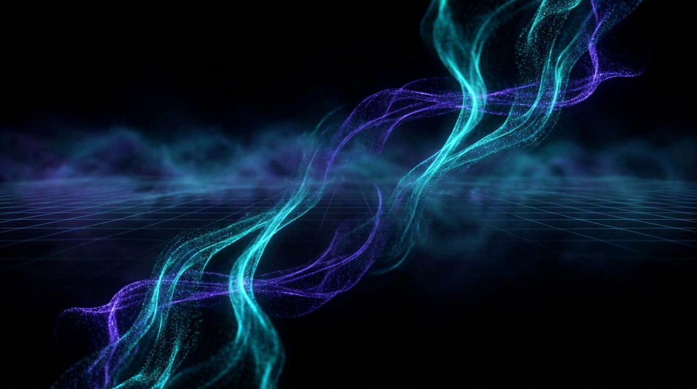 Abstracte cinematische data-stroom in teal en violet op diep zwart