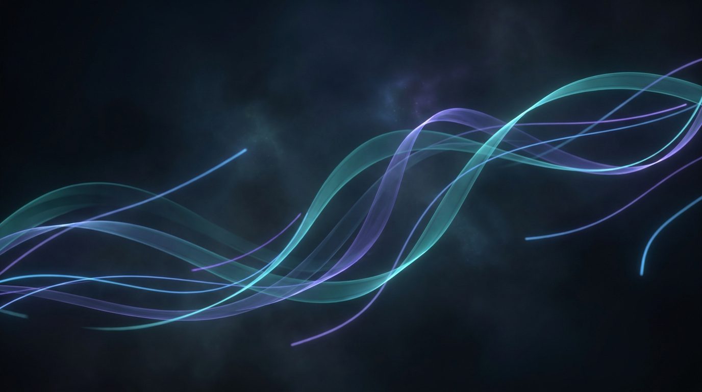 Abstracte cinematische lichtstromen in teal en violet op diep zwart